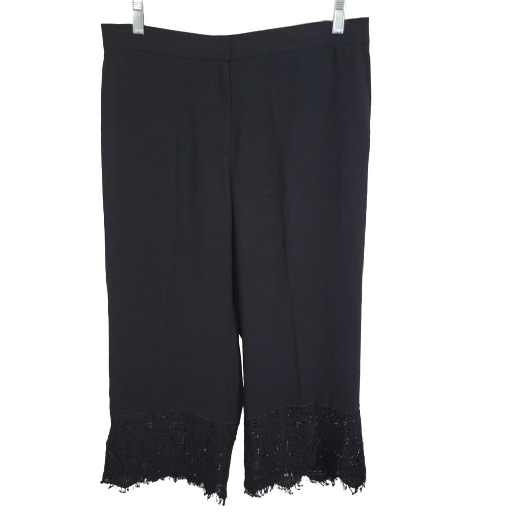 Ann Taylor Sz LP L Petite Pants Cropped Stretch Waist Zip Lace Fringe Hem Black
